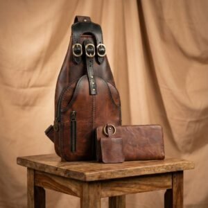 3-Piece Retro Travel Set: Chest Bag,Long Wallet& Key Fob